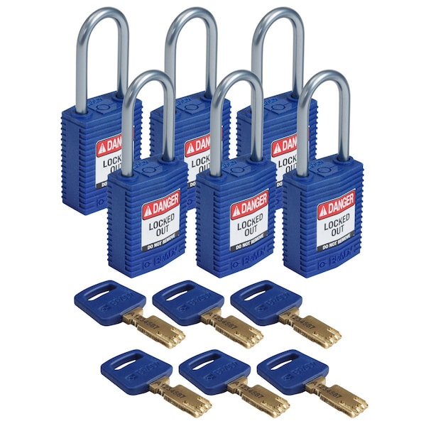 Compact SafeKey Key Retaining Nylon Padlock 1.5 in Aluminum Shackle KD Blue 6PK